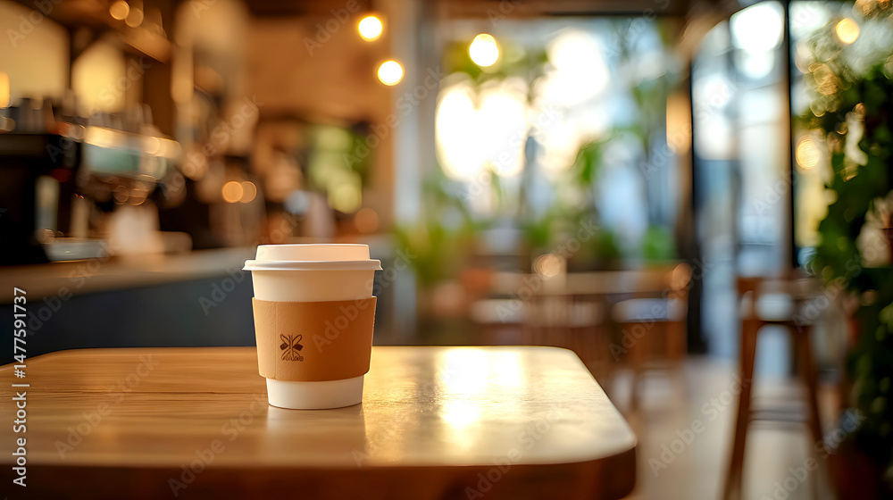 Fototapeta premium Clean Café Interior with Coffee on Wooden Table