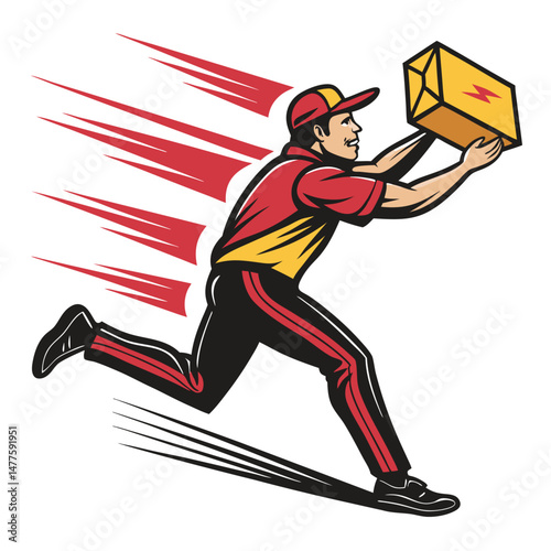 A delivery driver, athletic and agile, throws a cardboard box like a ninja shuriken with incredible accuracy and speed.  High-action shot.