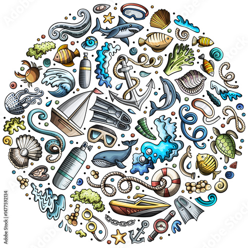 Colorful vector set of Diving cartoon doodle objects, symbols and items. Round composition