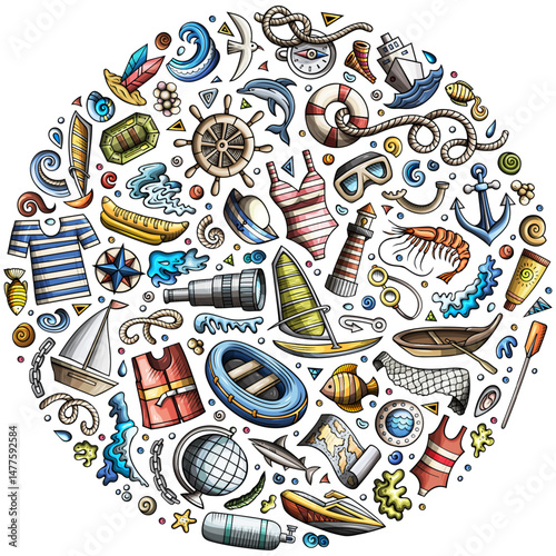 Colorful vector set of Marine cartoon doodle objects, symbols and items. Round composition