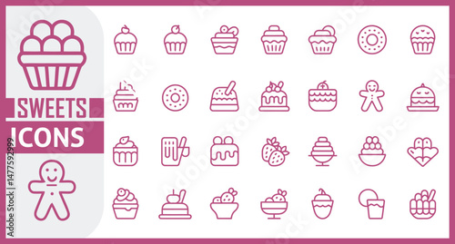 Colorful Sweets Icon Set Featuring Honey Jar, Toffee, Swirl Candy, Birthday Cake, Chocolate Bar, Cake Slice, Cookie, Donut, Brigadeiro, Cotton Candy, Wafer, and Honey in Fun Vector Illustration