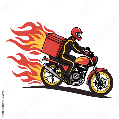 A motorbike delivery rider, engulfed in fiery flames, speeding through a city street at night.  Dramatic, dynamic action shot.