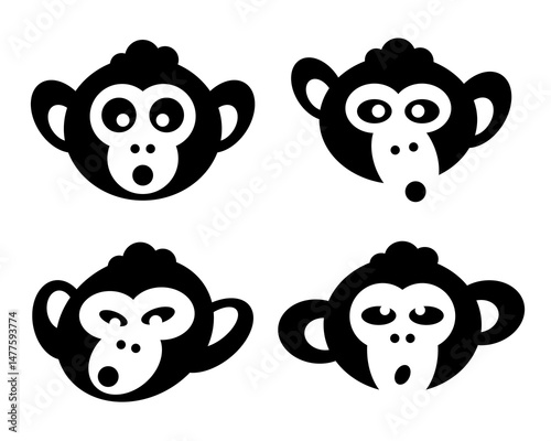 Monkey baby head avatar silhouette logo set. Chimpanzee ape face icon collection.