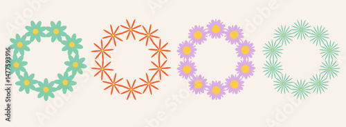Set of colorful flowers frame. Retro geometric spring flowers. Groovy simple flowers set. Botanical circle border. For greeting card, poster, banner, social media, logo.
