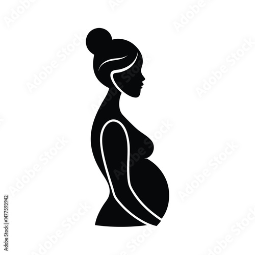 Elegant black silhouette of a pregnant woman in side profile depicting pregnancy and maternity