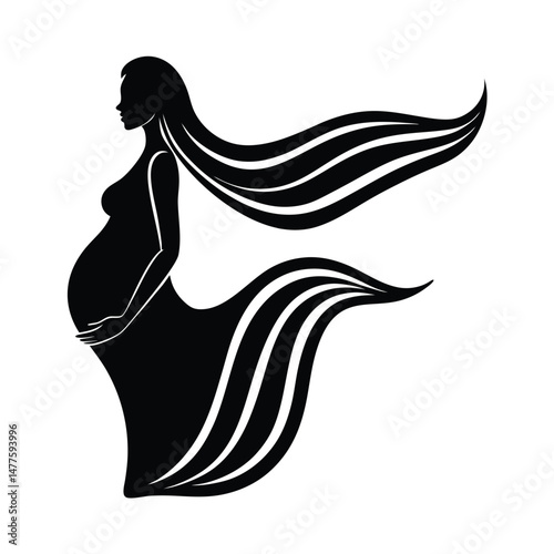 Elegant silhouette illustration of a pregnant woman in a flowing gown celebrating motherhood and pregnancy