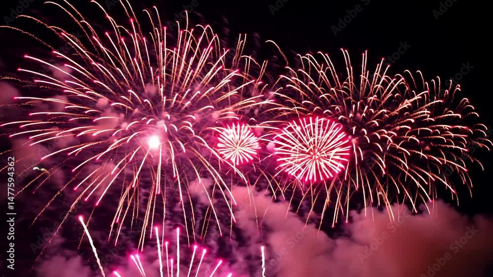 Bright red fireworks explode in the night sky, filling the darkness with vibrant light and smoke. A festive and energetic display perfect for holidays, celebrations, or New Years Eve events.