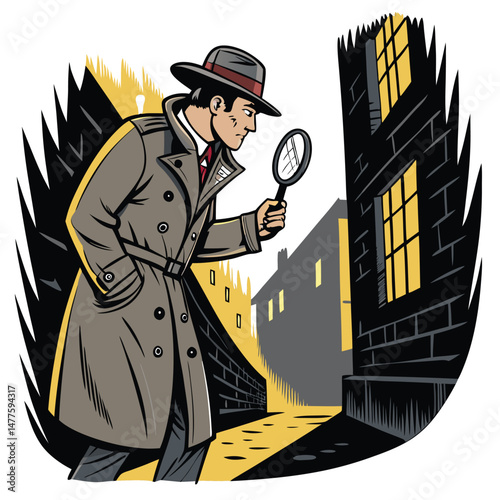 A seasoned detective, trench coat billowing, meticulously examines a clue with a magnifying glass, rain-slicked city street background.