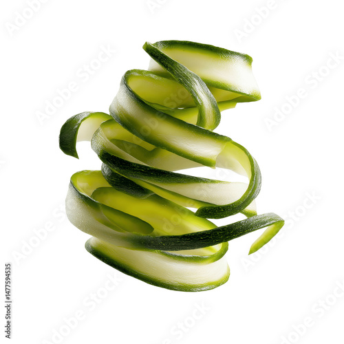 Fresh Zucchini Ribbons Swirling in Air, Close-up Studio Shot