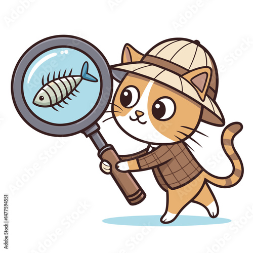 A sleek black cat, wearing a tiny detective hat, stealthily moves through a giant magnifying glass, its eyes focused on a clue.