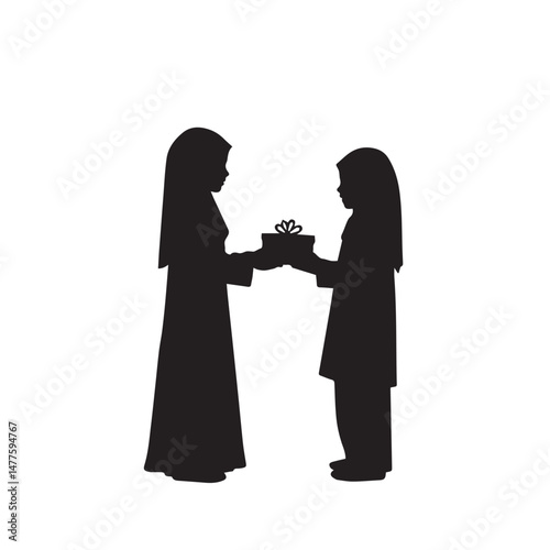 Silhouette of two girls in hijabs exchanging a gift box with a bow on a white background design