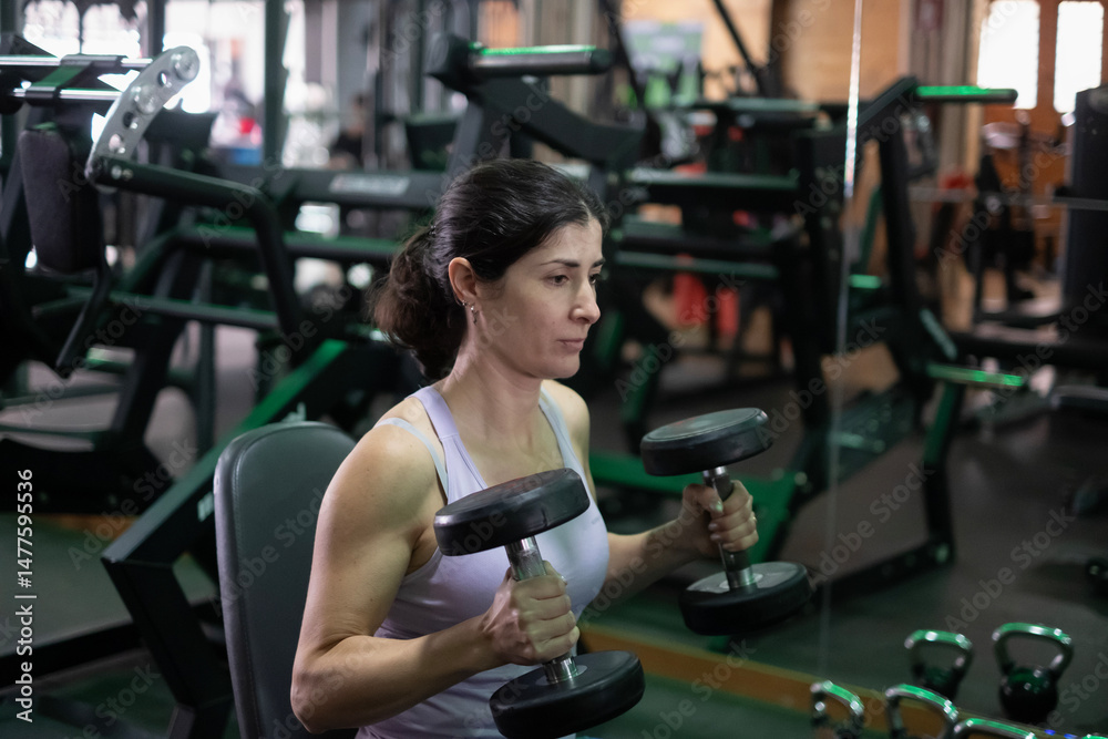 Fototapeta premium 40-year-old woman training with dumbbells in the gym
