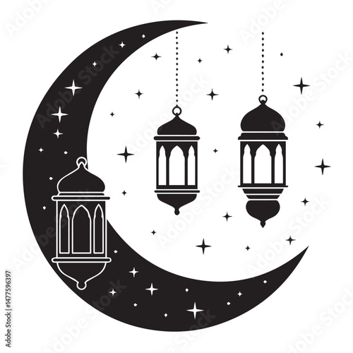 Black and white crescent moon with hanging lanterns and scattered stars in the night sky illustration