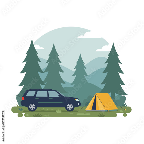 Camping scene with car and tent amidst tall pine trees  