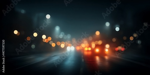 Night City Street Lights Blurred Bokeh Effect Urban Driving Scene Road Traffic Lights