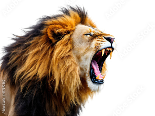 Majestic Roaring Lion Profile Powerful Wild African Animal Photography Image Golden Mane Black Background Wildlife Nature King Jungle Predator Fierce Strong cat