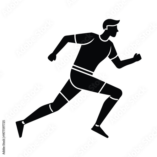 A dynamic silhouette of a male runner in motion depicting speed and athleticism against white background