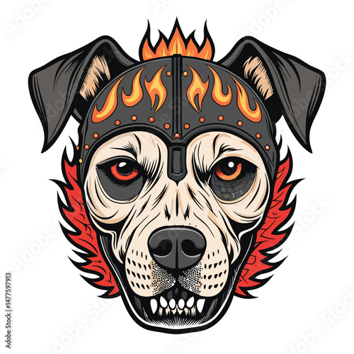 A canine face, partially obscured by a melting skull mask, engulfed in fiery patterns.  Intricate details, dark and surreal aesthetic.