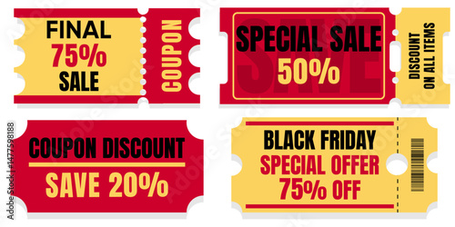 Set Sale Templates Coupon, Save, Ticket, Gift, Discount Coupon, Color Red, Yellow, Black 50 20 75 Final Special Offer Black Friday Customer Coupon Vector