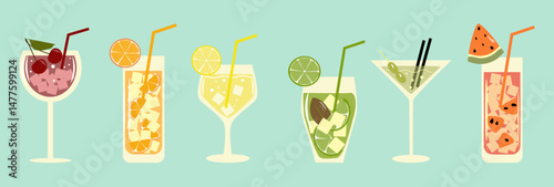 Cocktail party, night club. Set of flat posters, labels, lids. Different glasses according to the menu. Alcoholic drinks.
