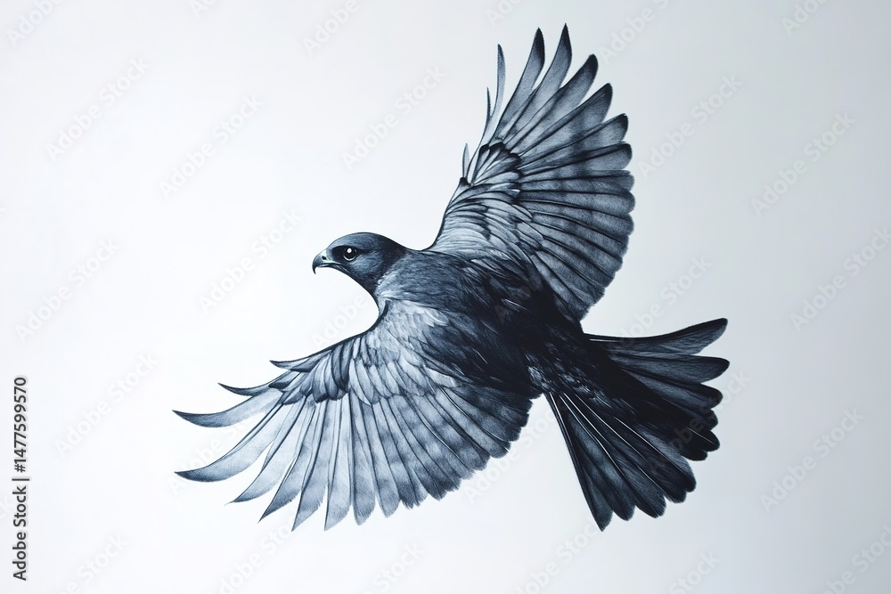 Fototapeta premium A sleek and fast sparrowhawk in mid-flight, wings outstretched, captured against a plain white backdrop