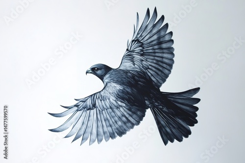 A sleek and fast sparrowhawk in mid-flight, wings outstretched, captured against a plain white backdrop