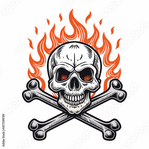 Create a hardcore-style image of a dog skull engulfed in flames, overlaid with crossed bones.  Focus on dramatic lighting and gritty textures.