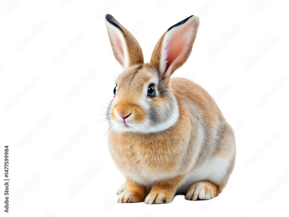 Fototapeta premium Adorable Fluffy Brown Rabbit Sitting Isolated on Black Background Cute Bunny Pet Animal Wildlife Nature Photography Image fur long ears soft calm shot eyes nose