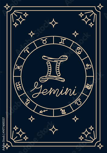 Hand drawn vector zodiac card with Gemini symbol, constellations and horoscope circle. Concept of astrology, celestial mysticism and zodiac personality in elegant linear style