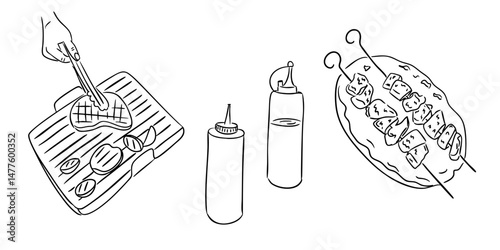 Hand drawn vector set with barbecue grill, skewers, sauces and steak being cooked. Concept of outdoor cooking, summer grilling and picnic enjoyment in casual sketch style