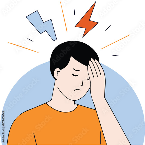 Headache Illustration, Man in Pain Holding Head with Migraine Symptoms