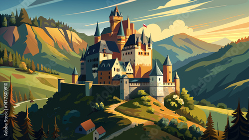 Eltz Castle rises proudly from a forested valley in the Mosel region of Rheinland-Pfalz, Germany, surrounded by lush greenery and rolling hills. Its ancient towers and turrets stand as a testament to 