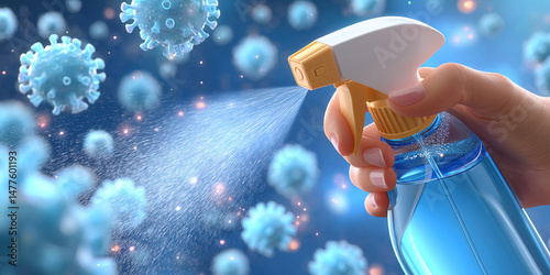 Hand spraying disinfectant spray killing virus particles in air with blue background and glowing effect