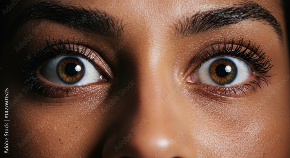 Naklejka premium Admiration wide eyes, Awe reflection, Wonderment portrait, Bright light visual, Human emotion close-up, Expressive eyes