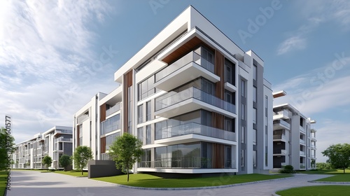 Modern luxury apartment complex with sleek architectural design and spacious balconies on a sunny day