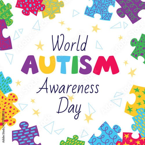 World Autism Awareness Day square banner with colorful jigsaw puzzle pieces. Vector illustration event web banner design