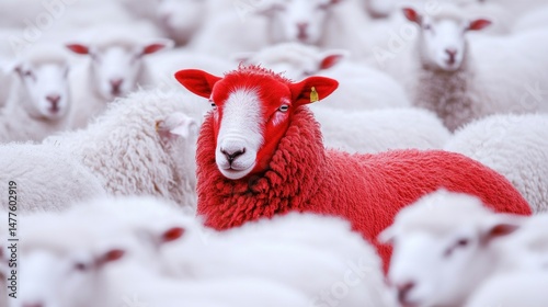Crimson individuality, A vividly colored sheep stands out within a flock