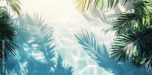 Lush palm fronds casting intricate shadows over a tranquil turquoise pool. evoking a serene tropical atmosphere perfect for relaxation and vacation imagery