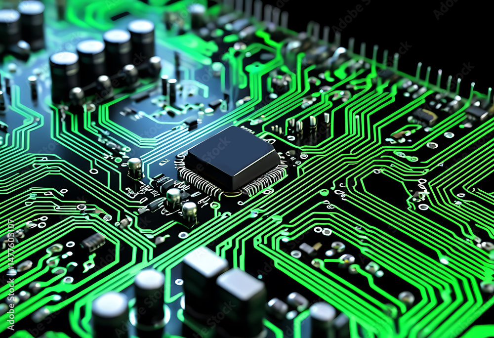 Fototapeta premium Macro image of a circuit board with glowing electrical paths and components