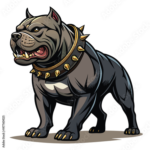 A powerful Pitbull, intensely staring, wears a spiked collar and gold grill, showcasing muscular build and aggressive demeanor.