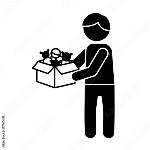 Man holding box filled with toys in simple graphic style  