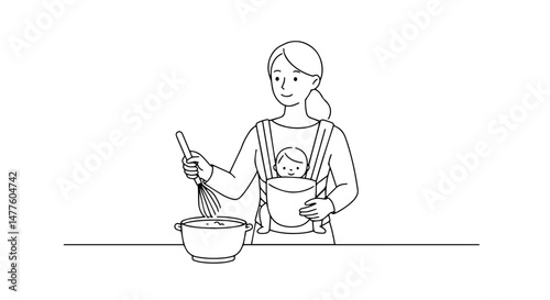 Young mother cooking while holding baby in sling at kitchen counter  