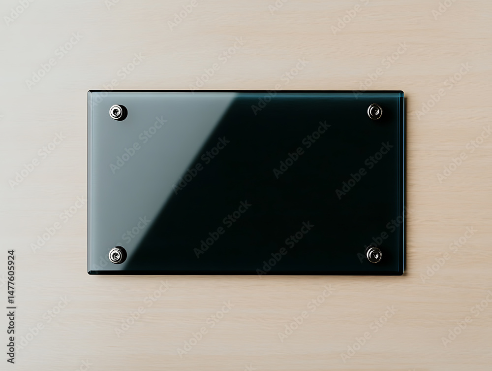 Obraz premium Elegant glass sign on a wooden wall, reflecting light. Securely mounted with four metal screws. Minimalist design, perfect for office or retail spaces.