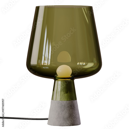 A green lamp with a white light bulb