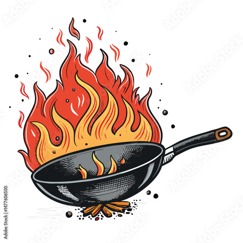 A fiery wok pan, flames erupting dramatically, set against a backdrop of vibrant graffiti art.  Focus on the intense heat and visual contrast.
