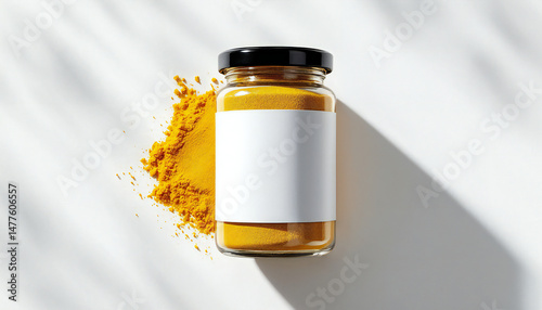 Fototapeta Naklejka Na Ścianę i Meble -  A glass jar of vibrant turmeric powder is presented, with the bottle’s pristine label a testament to its purity, beside a delicate patch. A burst of golden.