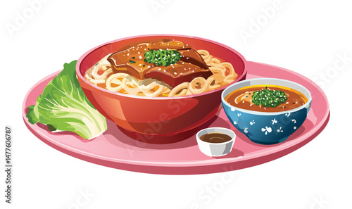 Udon Bowl with Pork Belly and Dipping Sauce on Side - Vector Illustration