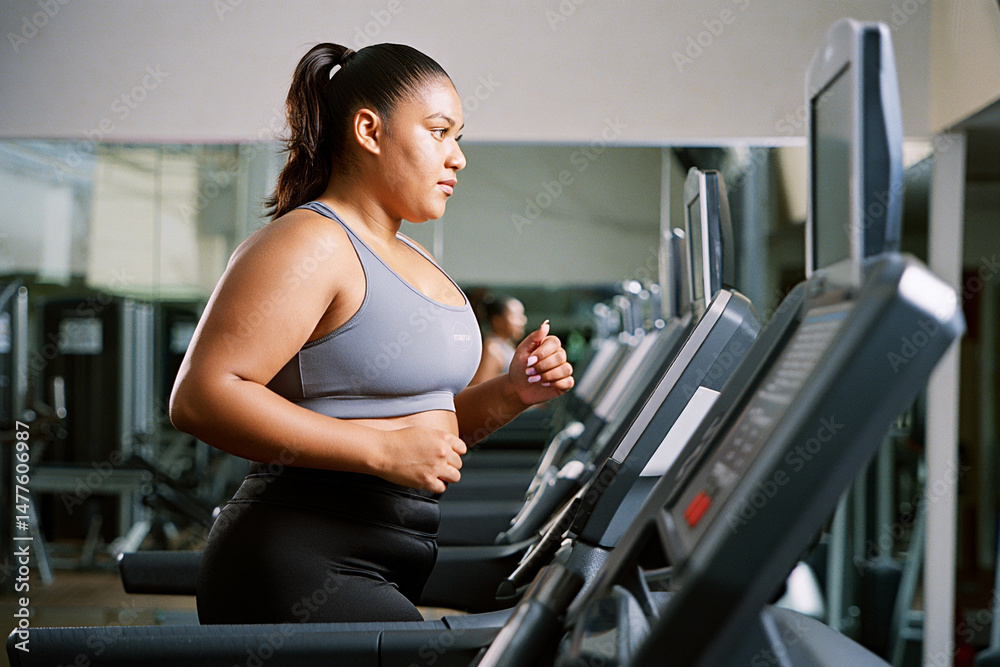 Fototapeta premium Fat woman exercising on a treadmill in a gym, wearing a grey sports bra and black leggings.