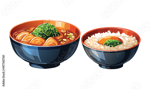 Rice Bowl and Seasoned Meat Soup Broth and Vegetables