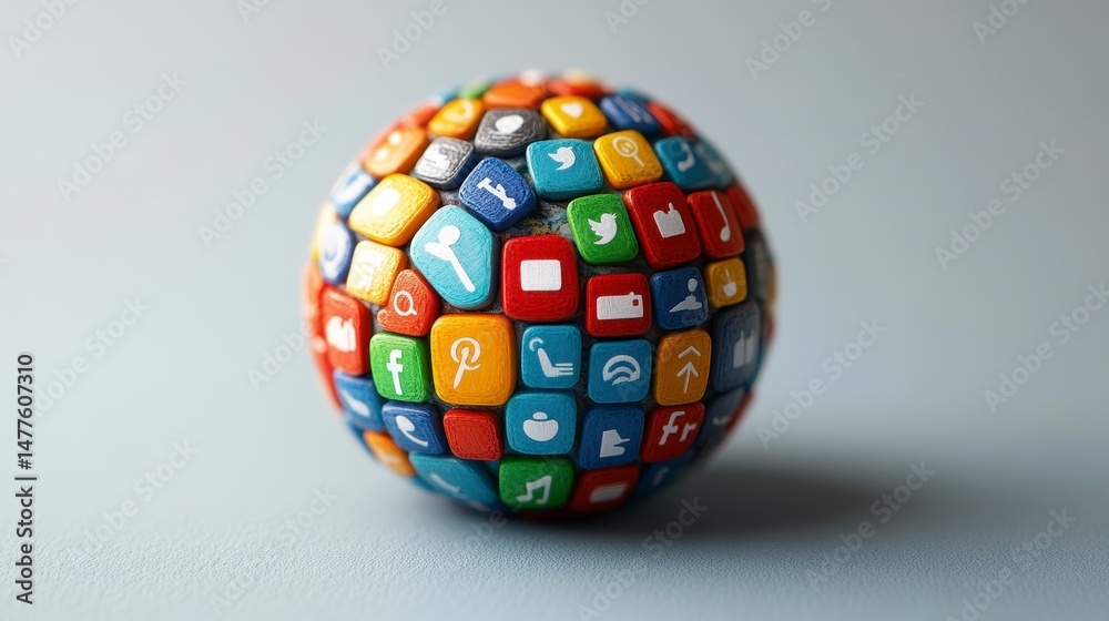 Sphere covered with small, colorful icons on a light gray background, casting a soft shadow Sphere covered with small, colorful icons on a light gray background, casting a soft shadow